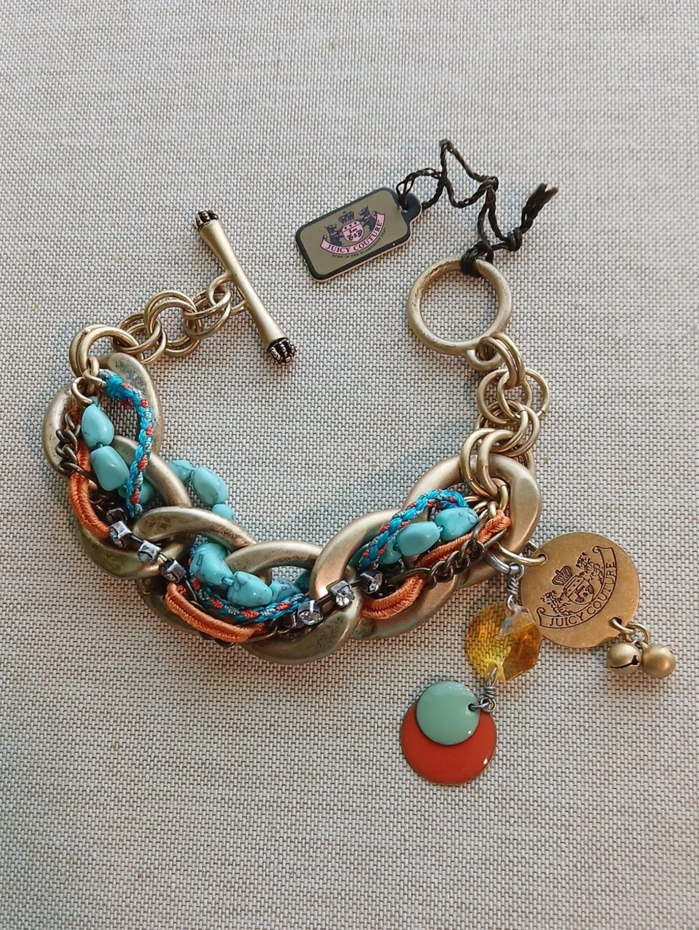 Juicy Couture Turquoise & Orange Weave Gold-Tone Charm Bracelet